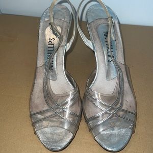 Mr Phillips Clear Silver Leather Dance Pageant Peep Toe Heels Shoes Size 7